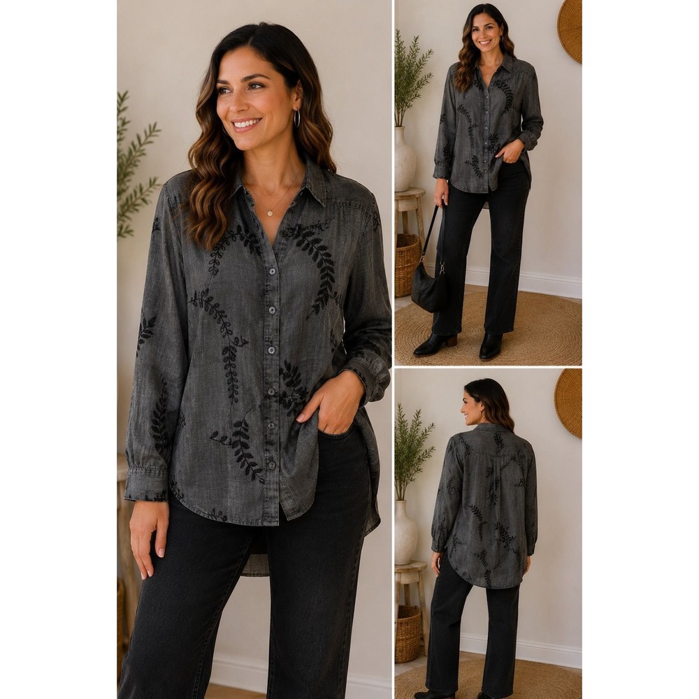 Soft Surroundings Embroidered Button Front Tunic Top Gray Floral Boho L